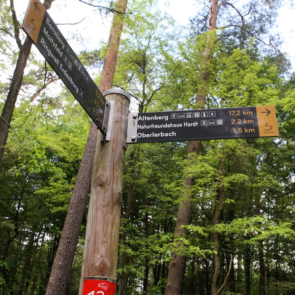 Schilder weisen Wanderern den Weg.
