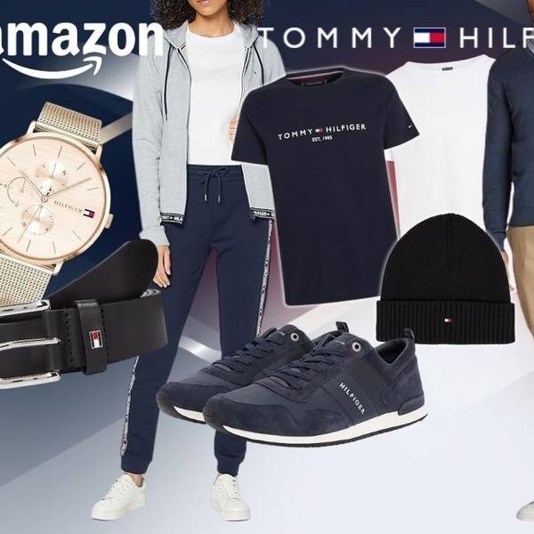 Tommy Hilfiger Shirts, Sneaker, Pullover, Uhr, Mütze, Gürtel und weitere Accessoires vor einem Hintergrund mit farbigen Flächen in Szene gesetzt.