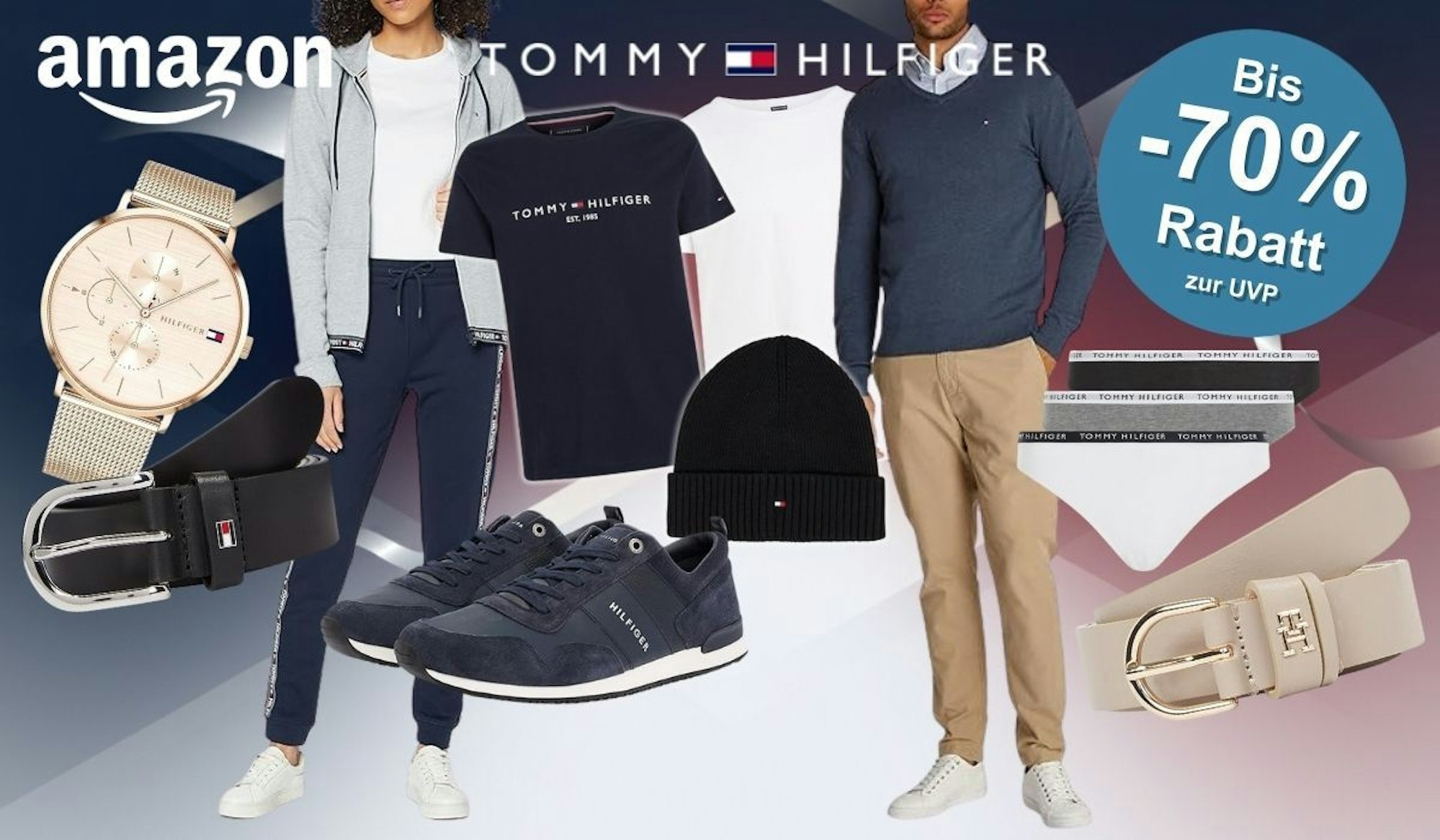 Tommy Hilfiger Shirts, Sneaker, Pullover, Uhr, Mütze, Gürtel und weitere Accessoires vor einem Hintergrund mit farbigen Flächen in Szene gesetzt.