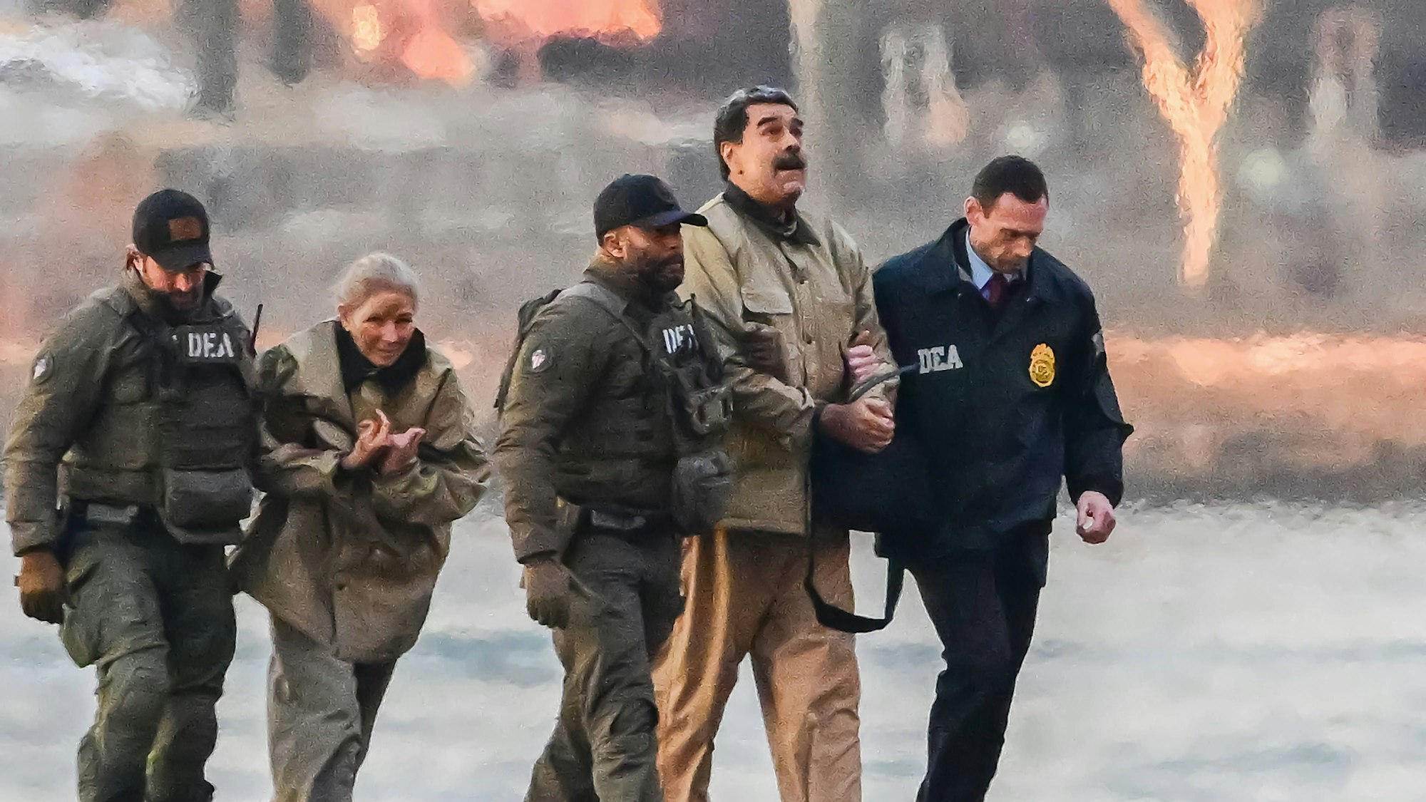 Das Bild zeigt den Staatschef Venezuelas, Nicolás Maduro, vorne in der Mitte, und seine Frau, hinten rechts, umgeben von Agenten der US-Drogenbekämpfungsbehörde DEA, in New York City.