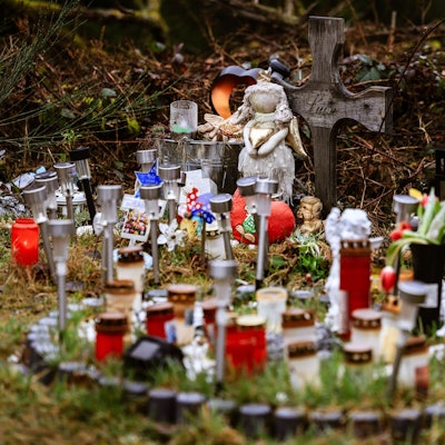 Kerzen, Blumen und Figuren liegen am Fundort an der Landesgrenze zwischen Rheinland-Pfalz und Nordrhein-Westfalen. Foto: Oliver Berg/dpa
