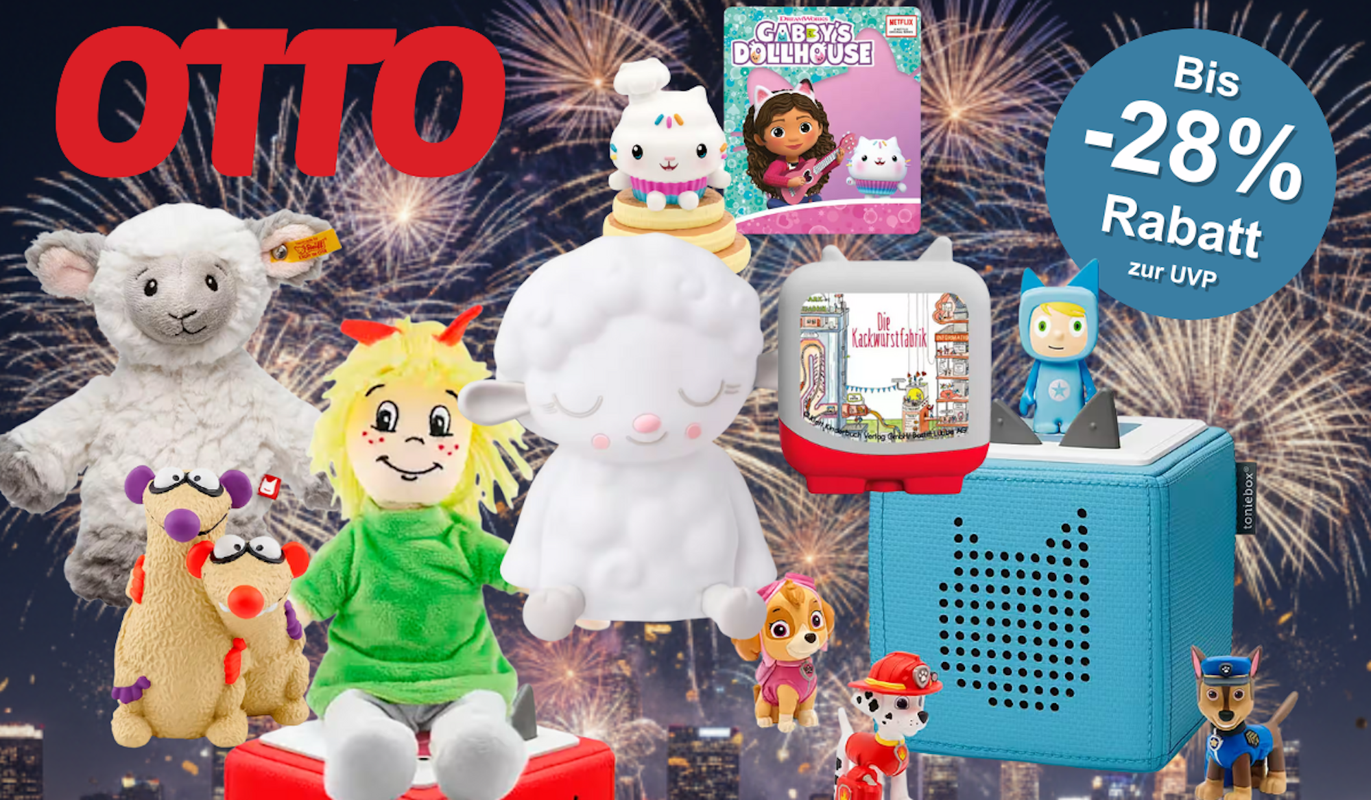 Diverse Tonie-Figuren und eine Toniebox vor einem weihnachtlichen Hintergrund.