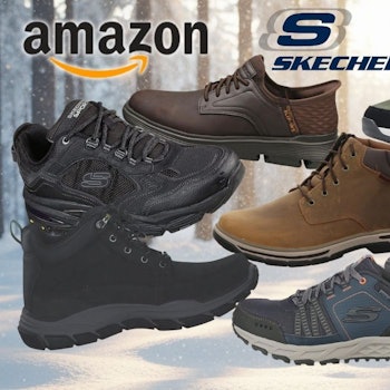 Skechers Herren Winterschuhe und Winterstiefel und Sneaker in verschiedenen Farben und designs vor einem Hintergrund mit Winterwald und Schnee.