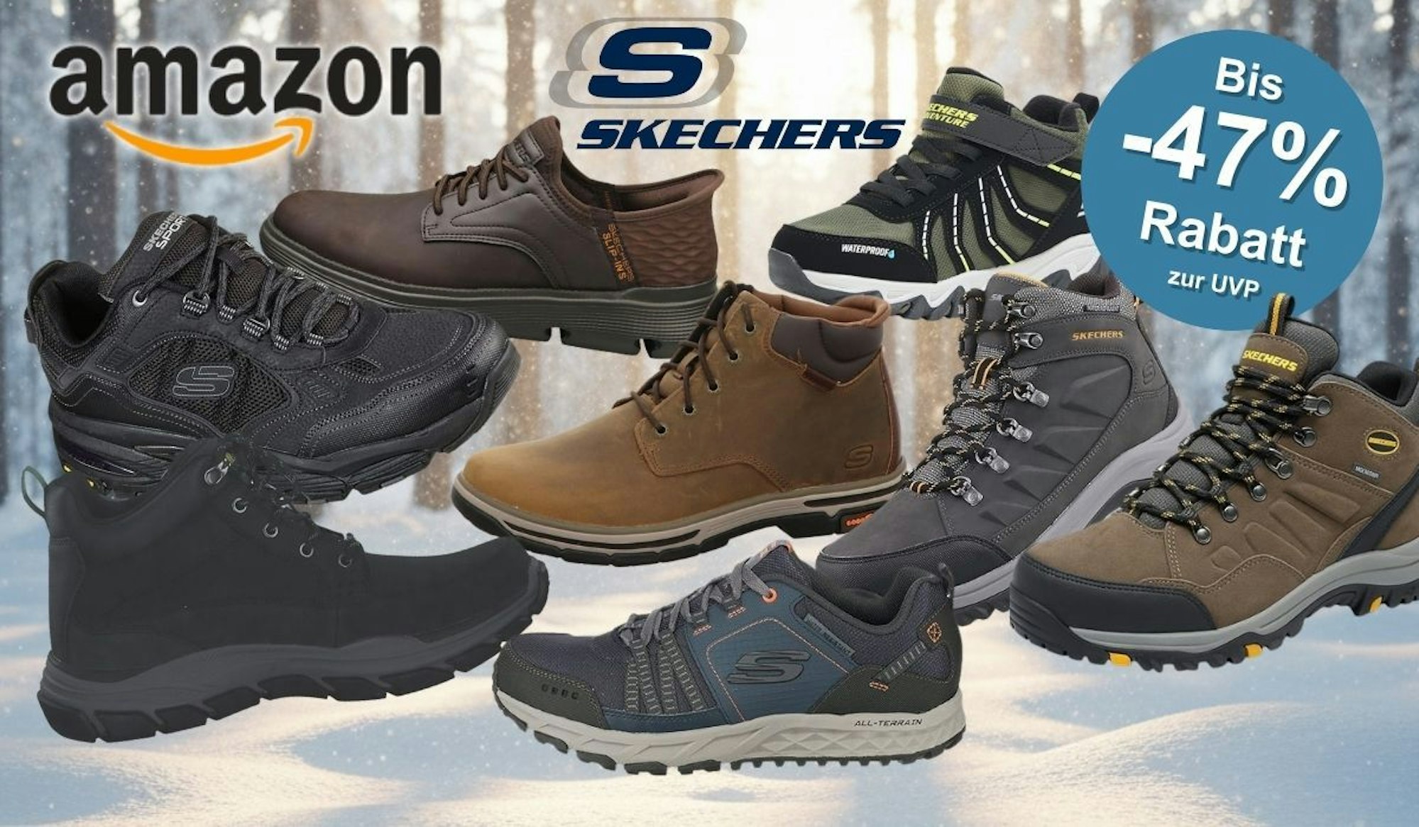Skechers Herren Winterschuhe und Winterstiefel und Sneaker in verschiedenen Farben und designs vor einem Hintergrund mit Winterwald und Schnee.