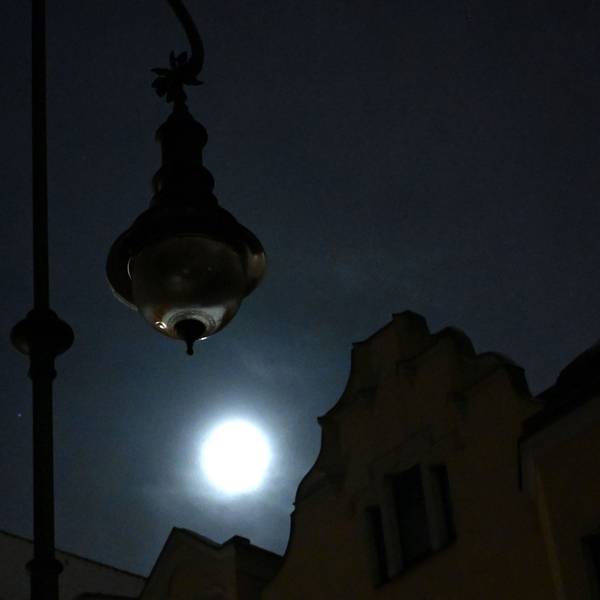 Eine dunkle Straßenlaterne in Berlin-Zehlendorf wird vom Mondlicht erhellt, im Hintergrund sind die Umrisse von Häusern zu sehen.