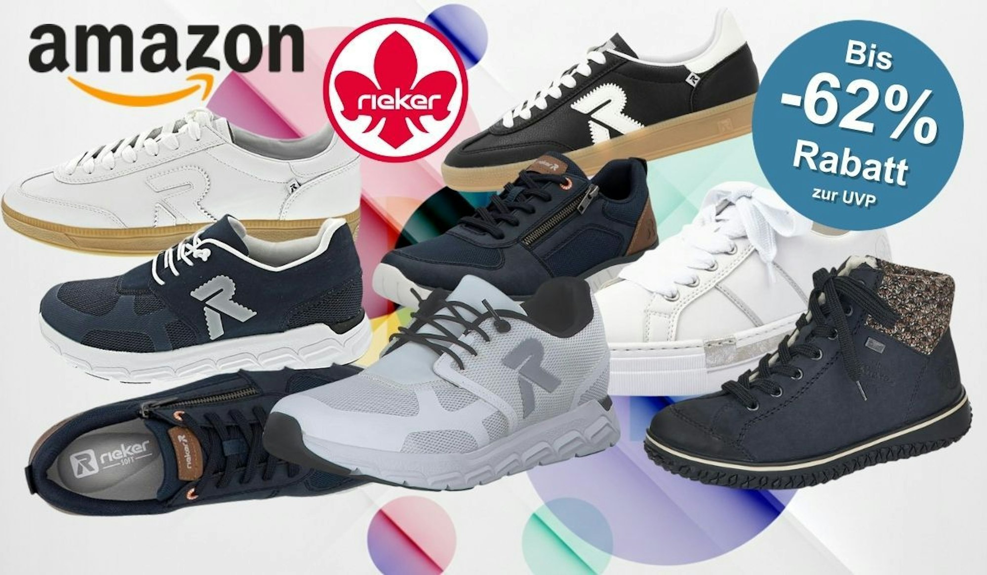 Rieker Schuhe und Sneaker Modelle für Damen und Herren vor einem bunten Hintergrund.