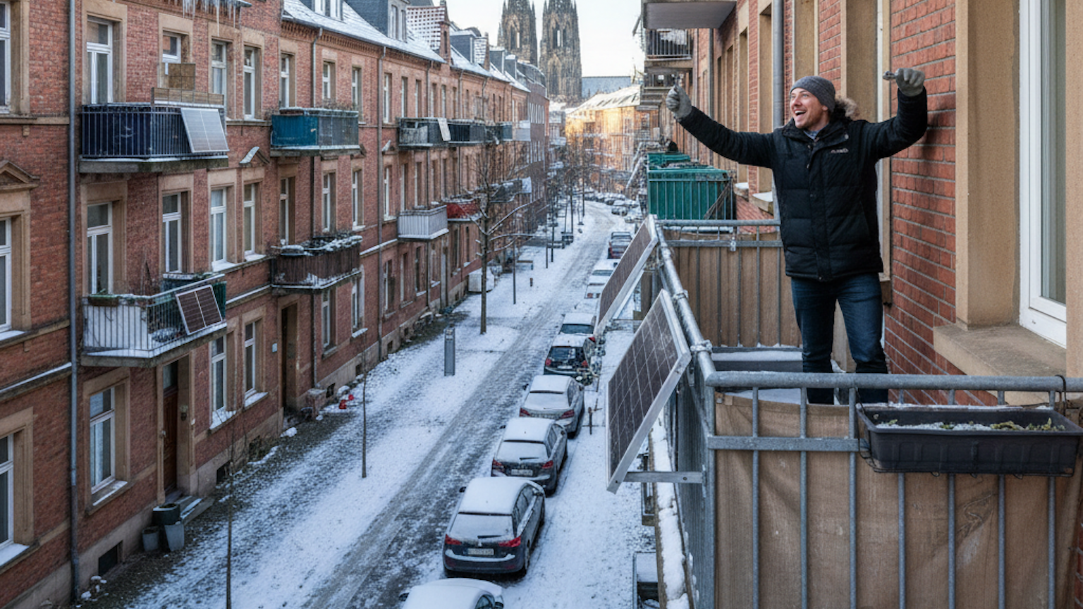 Ein Balkonkraftwerk ist an einem Balkongeländer montiert.