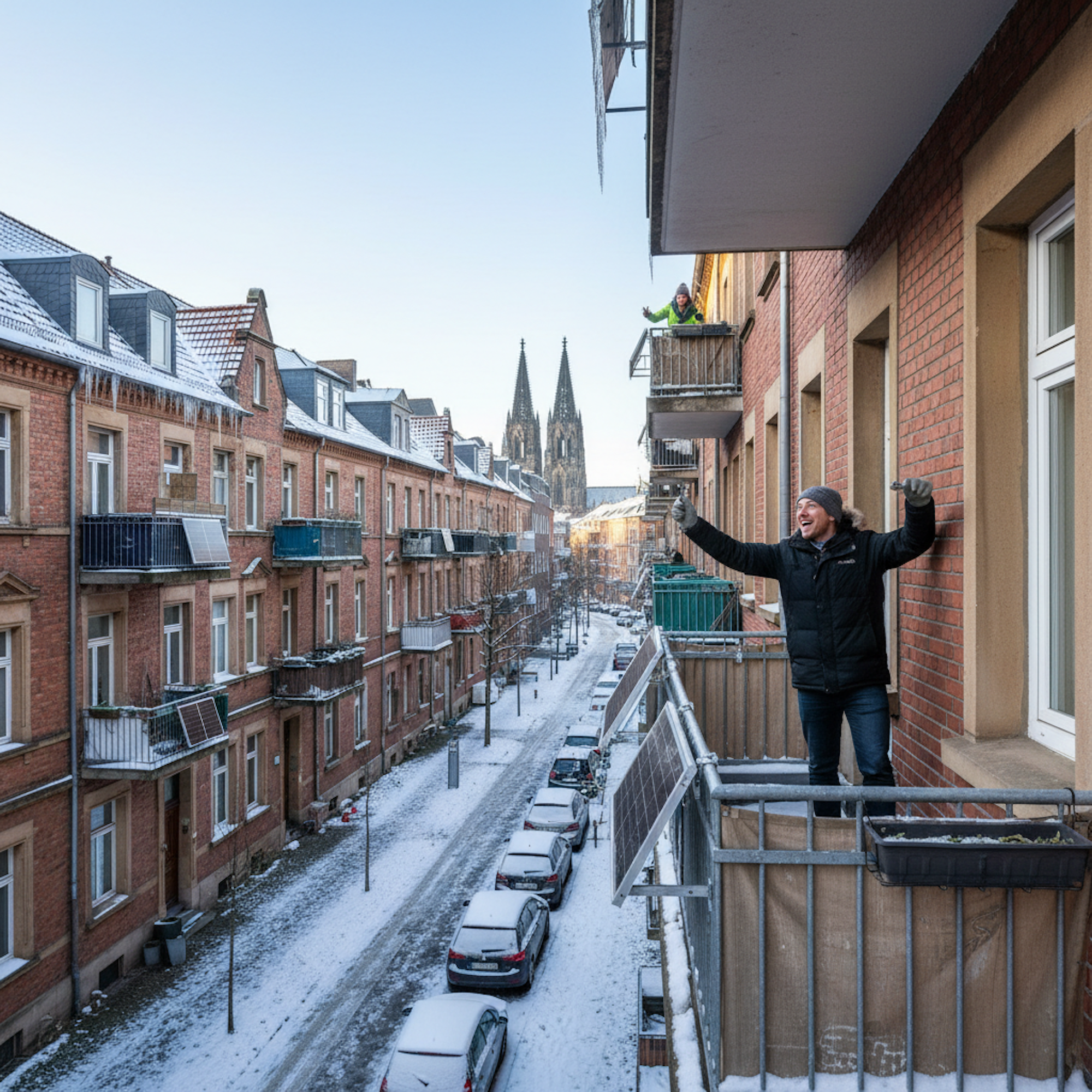Ein Balkonkraftwerk ist an einem Balkongeländer montiert.