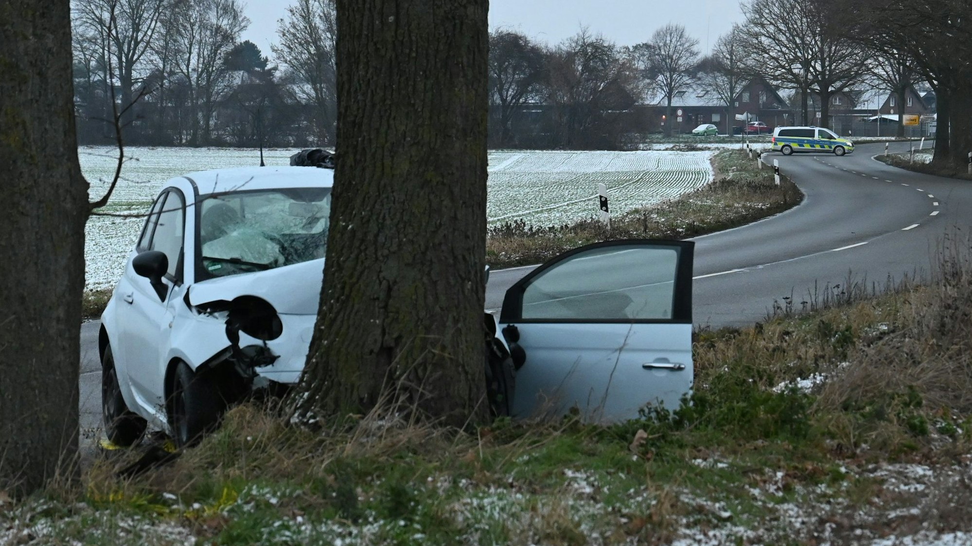 Das Bild zeigt das Unfallfahrzeug vor einem Baum.