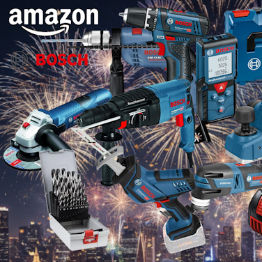 Bosch Professional Werkzeug vor schwarzem Hintergrund. Dabei Akkubohrschrauber, Laser Entfernungsmesser, Hammer, Schlagbohrmaschine, Winkelschleifer, Werkzeugkoffer, Säbelsäge, Elektrohobel.