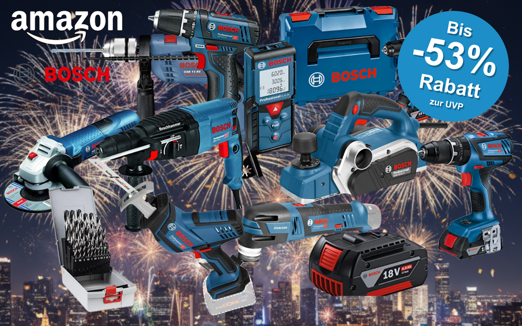 Bosch Professional Werkzeug vor schwarzem Hintergrund. Dabei Akkubohrschrauber, Laser Entfernungsmesser, Hammer, Schlagbohrmaschine, Winkelschleifer, Werkzeugkoffer, Säbelsäge, Elektrohobel.