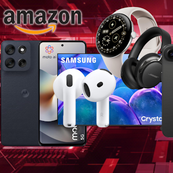 Anordnung verschiedener Technik-Produkte wie Smartphones, Laptops, Lautsprecher, Kopfhörer und Smartwatches vor einem roten Hintergrund.