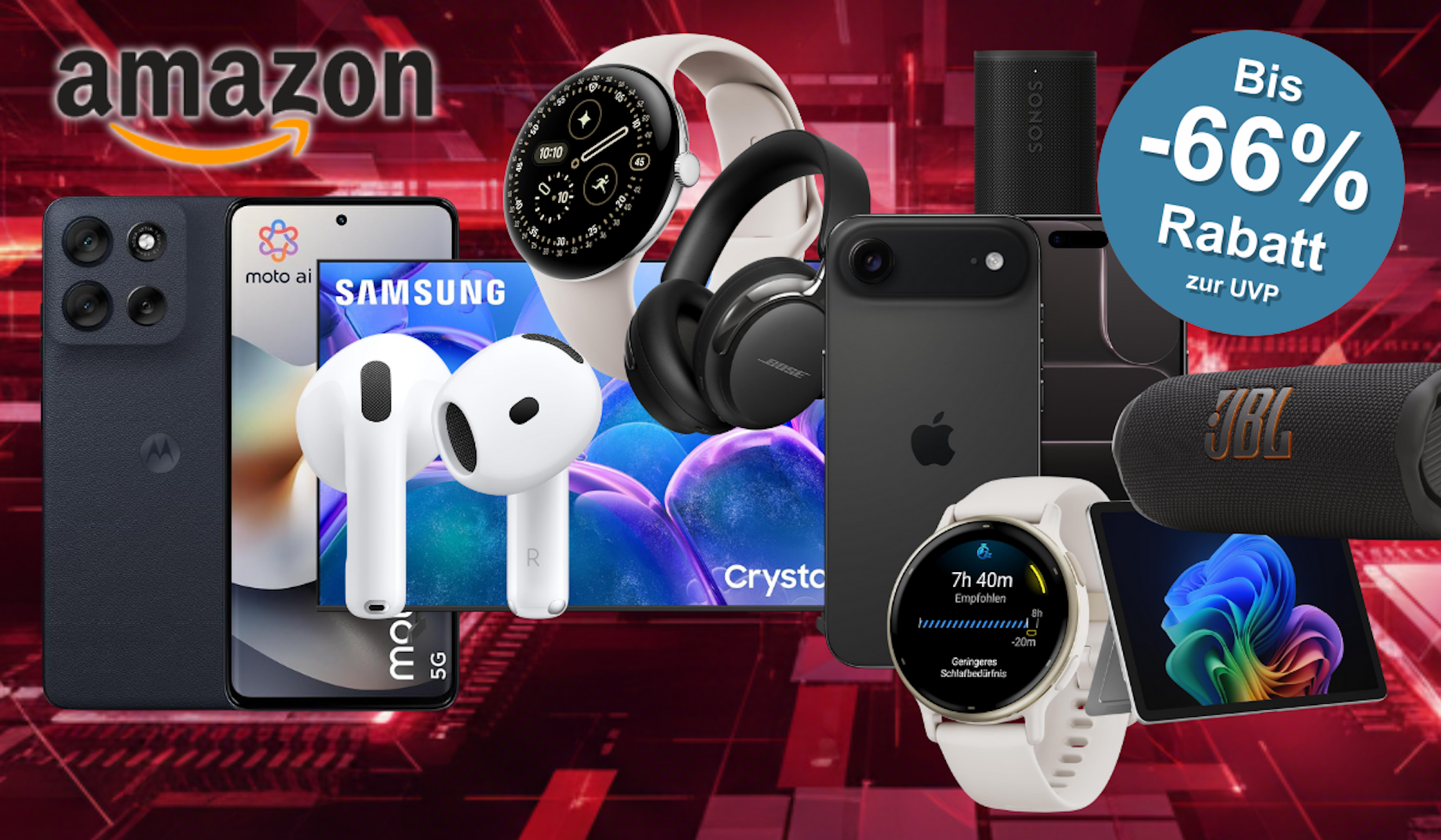 Anordnung verschiedener Technik-Produkte wie Smartphones, Laptops, Lautsprecher, Kopfhörer und Smartwatches vor einem roten Hintergrund.