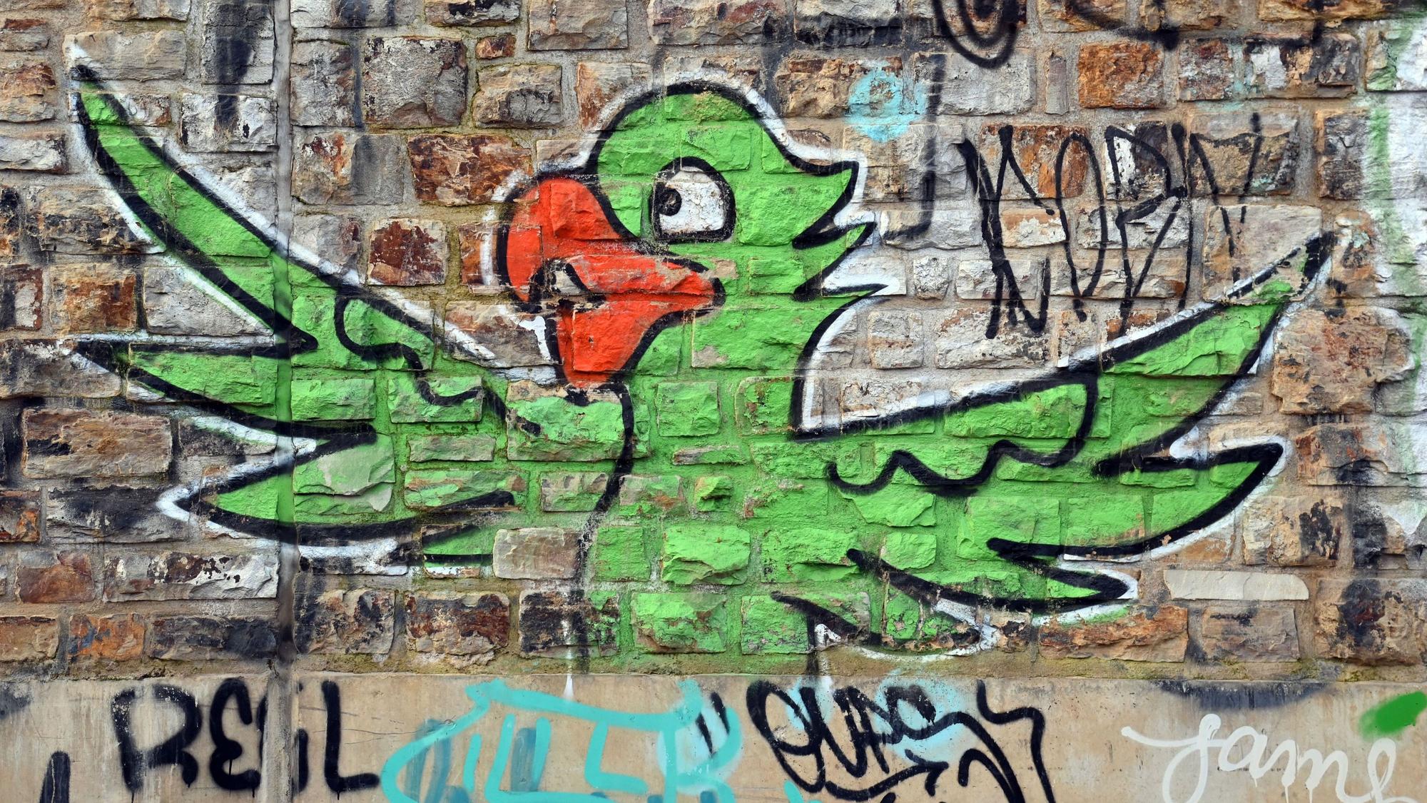 Ein unbekannter Künstler oder Künstlerin sprüht überall in der Stadt auf Wände und Hausfassaden seine Graffiti mit Papageien-Motiven.