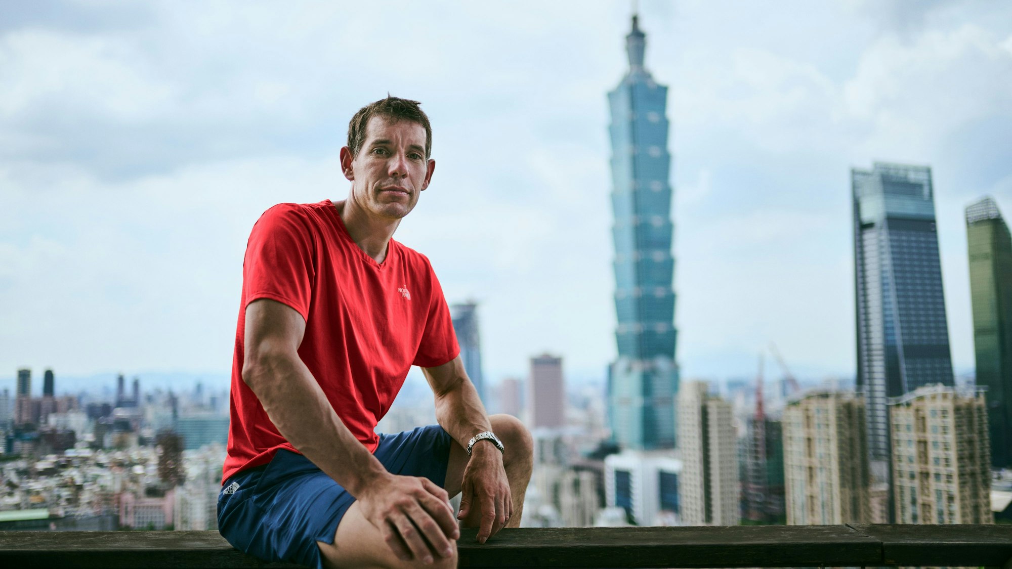 Skyscraper Live. Portrait of Alex Honnold in Taipei, Taiwan. Photograph by Corey Rich for Netflix.