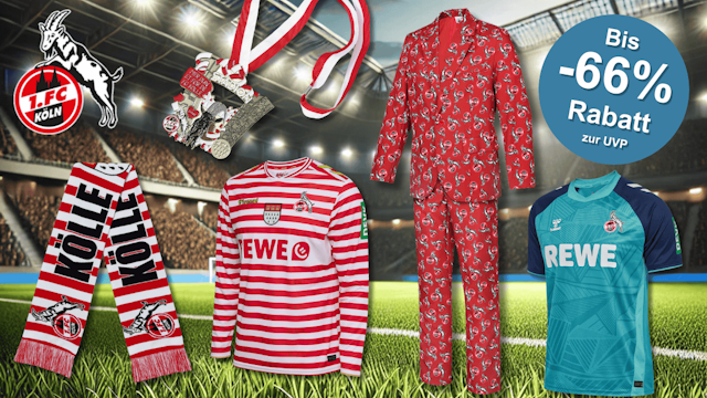 Eine Auswahl an Karnevals Artikeln und Trikots aus dem FC Fanshop.