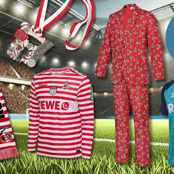 Eine Auswahl an Karnevals Artikeln und Trikots aus dem FC Fanshop.