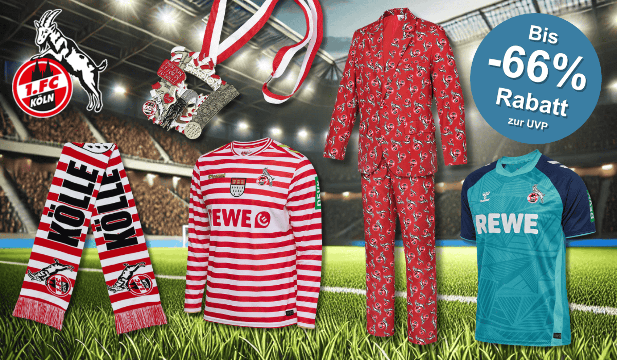 Eine Auswahl an Karnevals Artikeln und Trikots aus dem FC Fanshop.