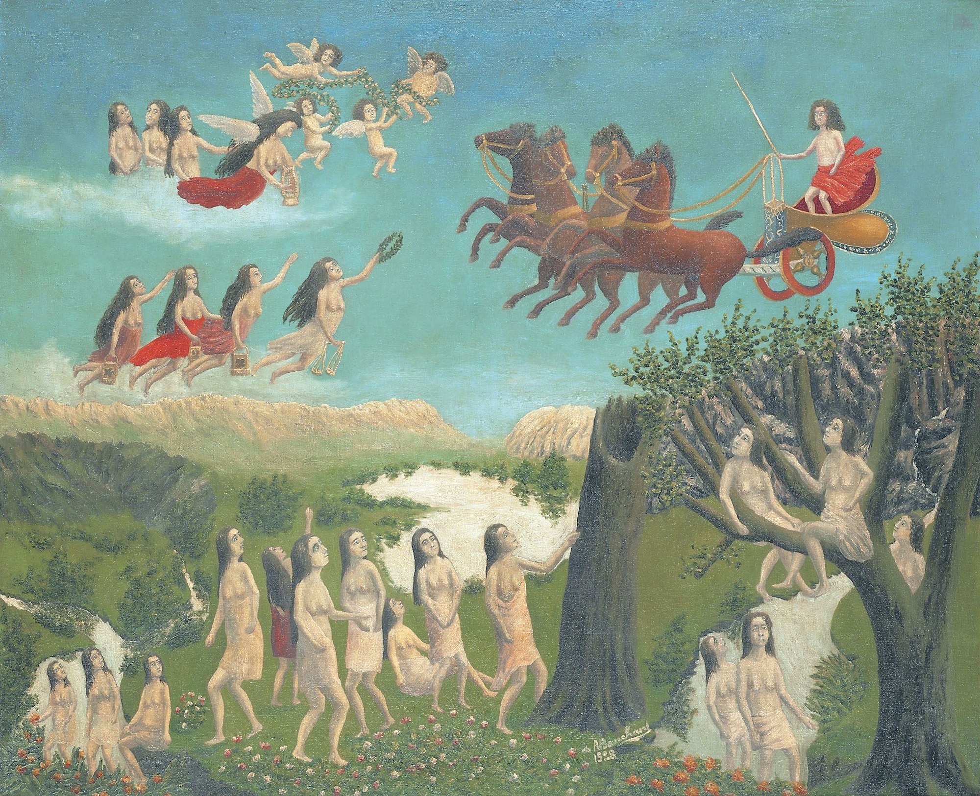 Das Gemälde zeigt die Ankunft Apollos im Götterwagen.