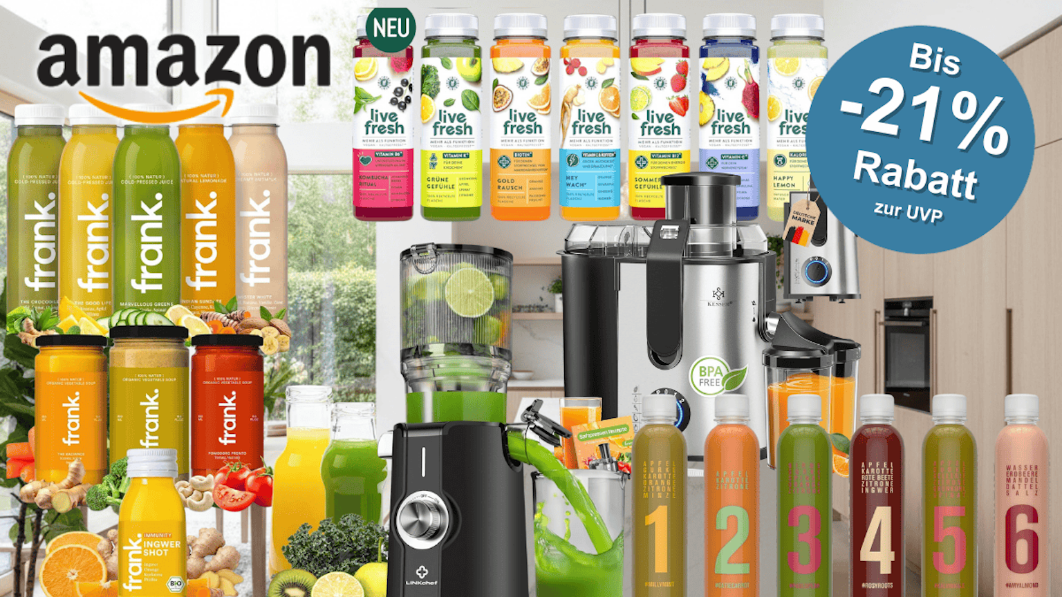 Entsafter-Maschinen und Saftkur-Sets vor einem winterlichen Hintergrund.