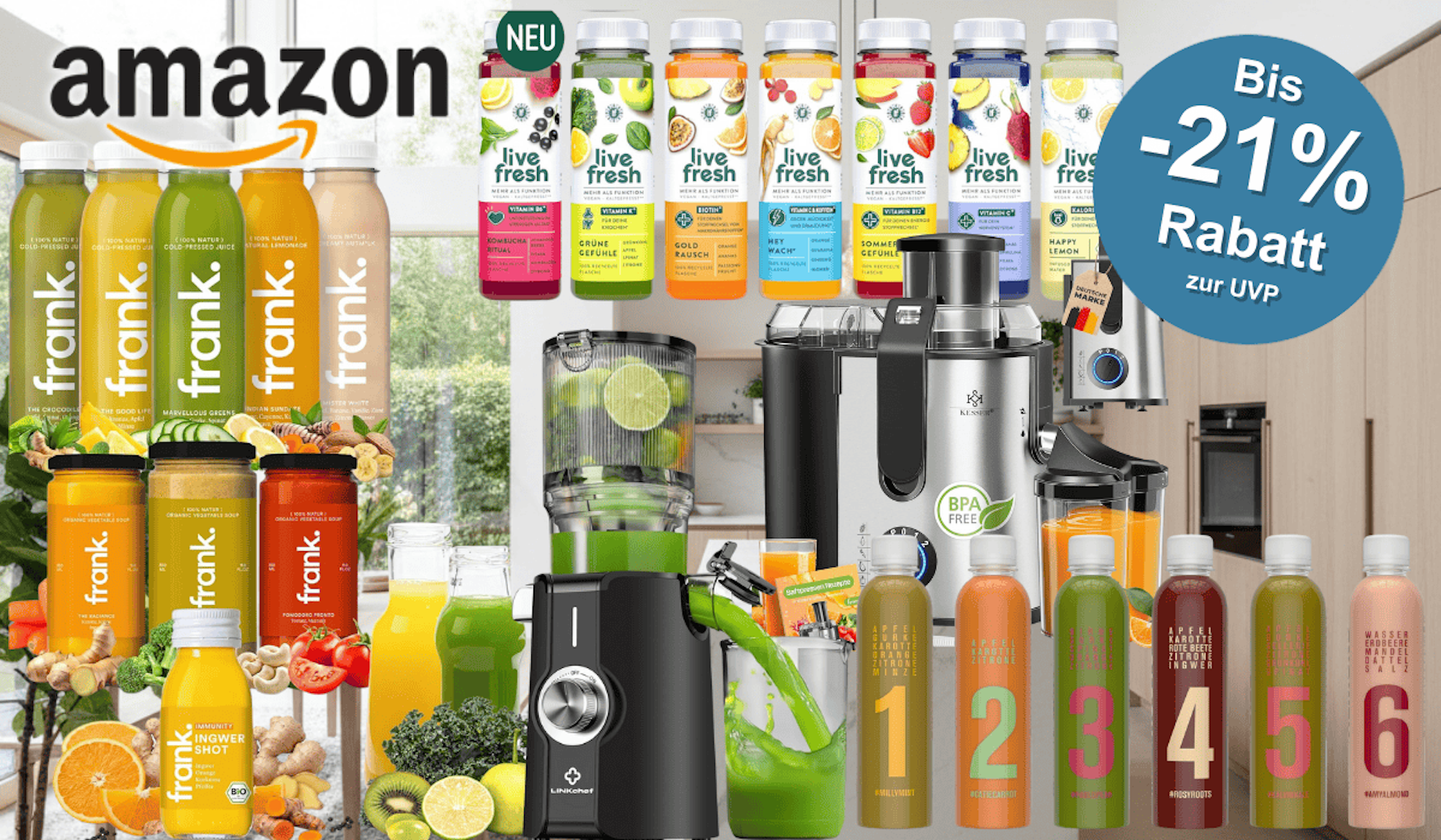 Entsafter-Maschinen und Saftkur-Sets vor einem winterlichen Hintergrund.