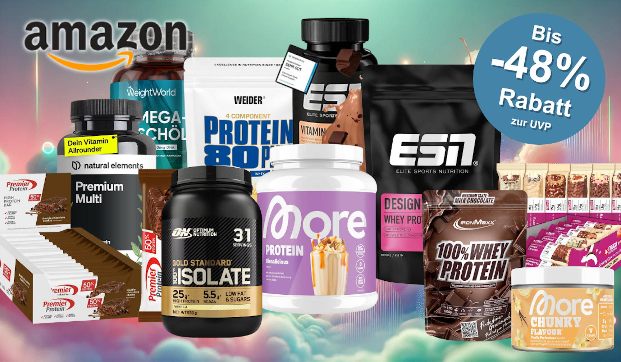 Anordnung verschiedener Proteinpulver und Nahrungsergänzungsmittel bekannter Marken vor einem Hintergrund.