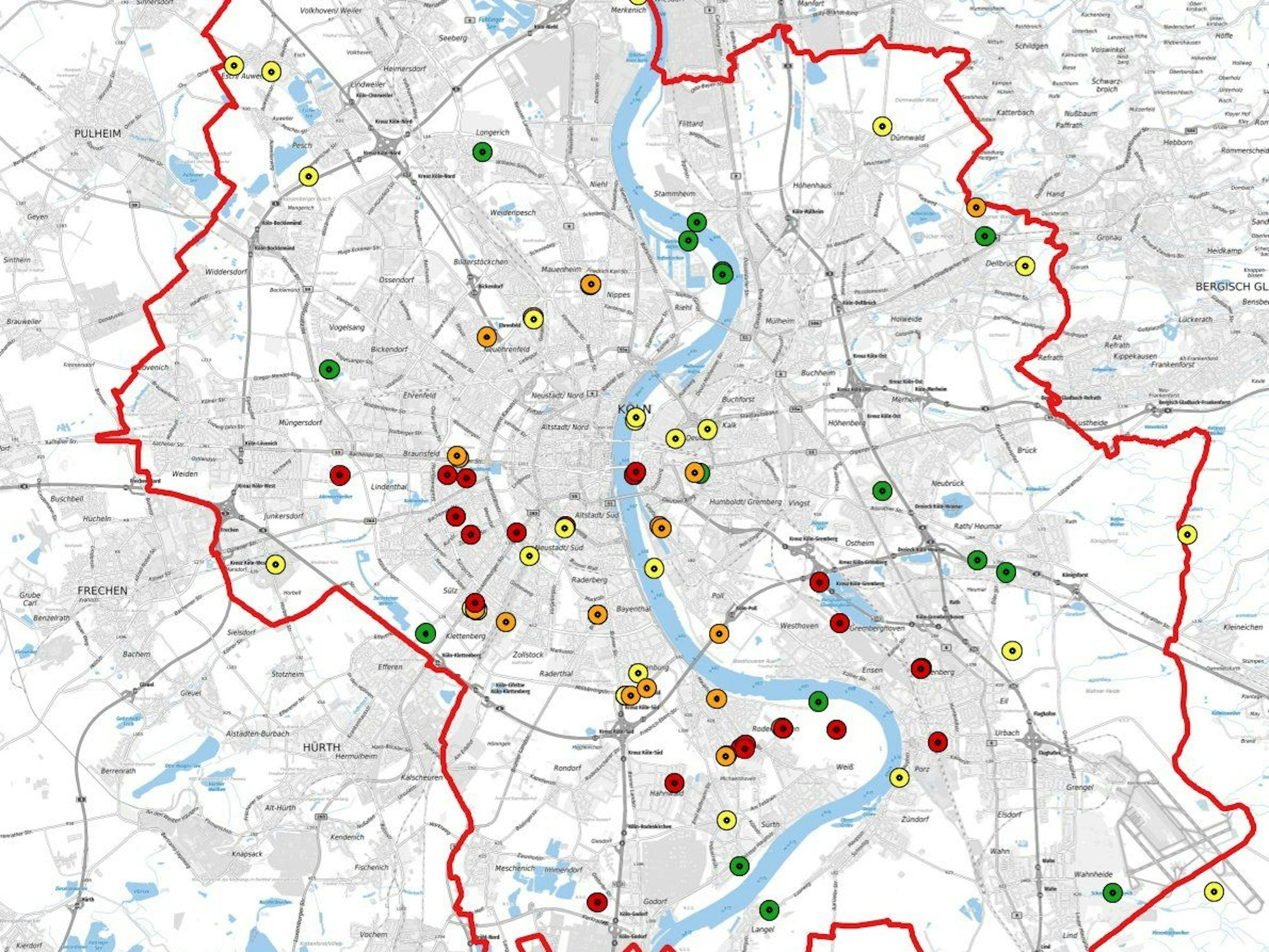 Diese Karte zeigt die Orte aller Kampfmittelfunde und Evakuierungen in der Stadt Köln.