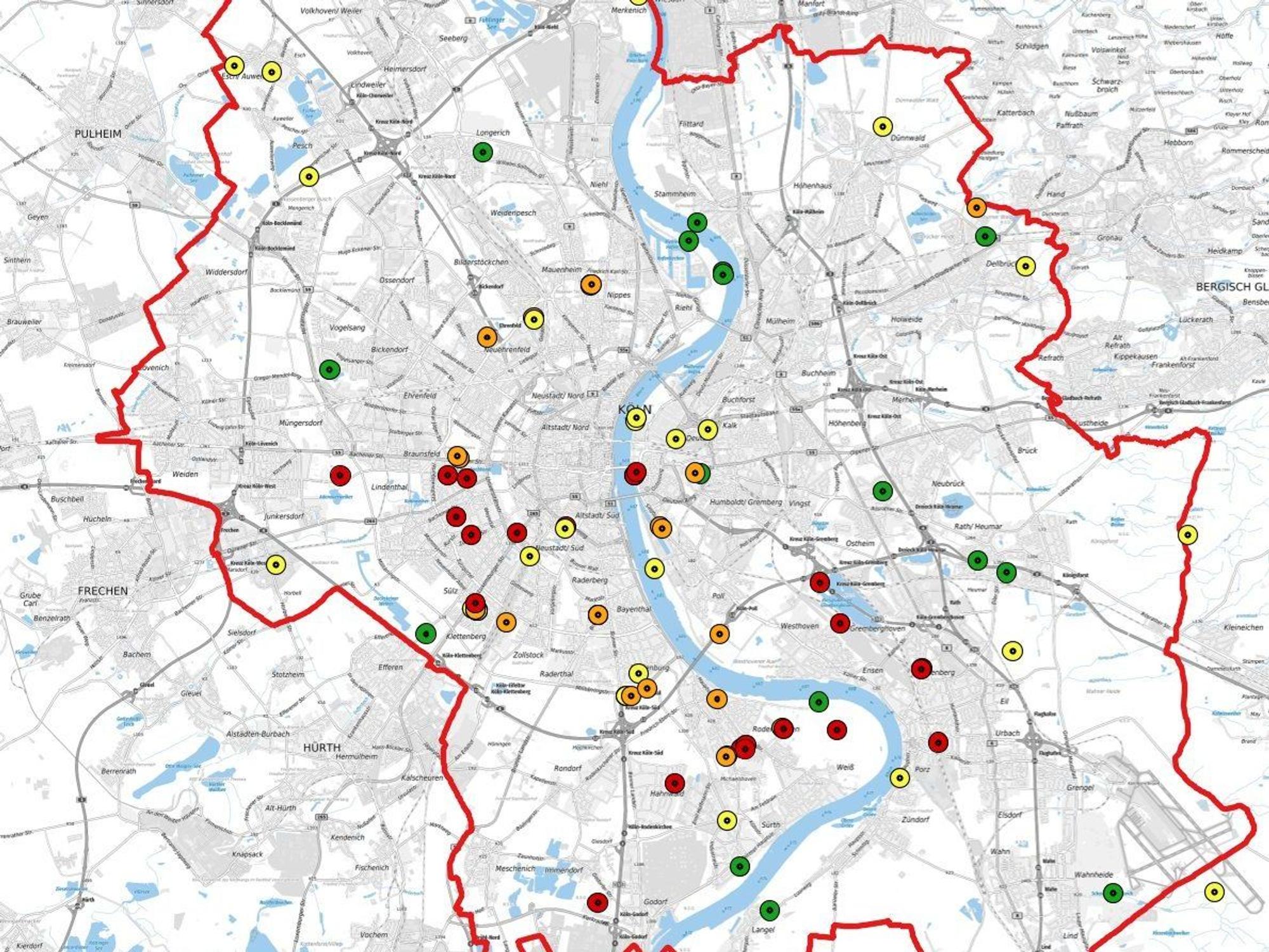 Diese Karte zeigt die Orte aller Kampfmittelfunde und Evakuierungen in der Stadt Köln.