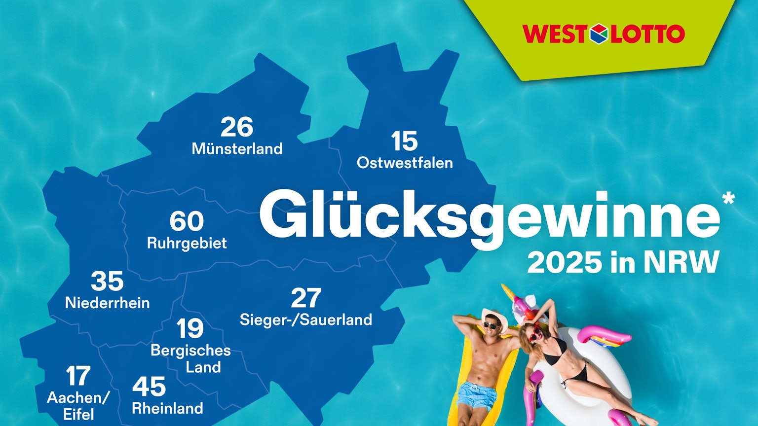 Eine Karte von NRW, die einen Überblick über die WestLotto Hochgewinner im Jahr 2025 gibt.