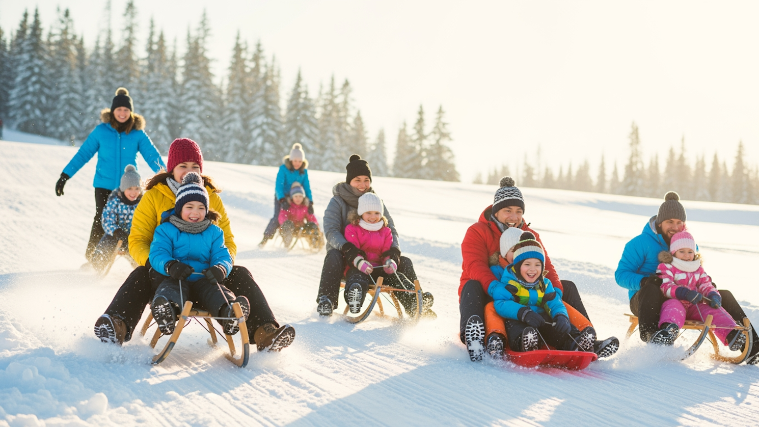 Eine Auswahl verschiedener Schlittenmodelle für den Winter 2026 und erfreute Familien mit Kindern, die mit Schlitten auf einer winterlichen Rodelpiste fahren.