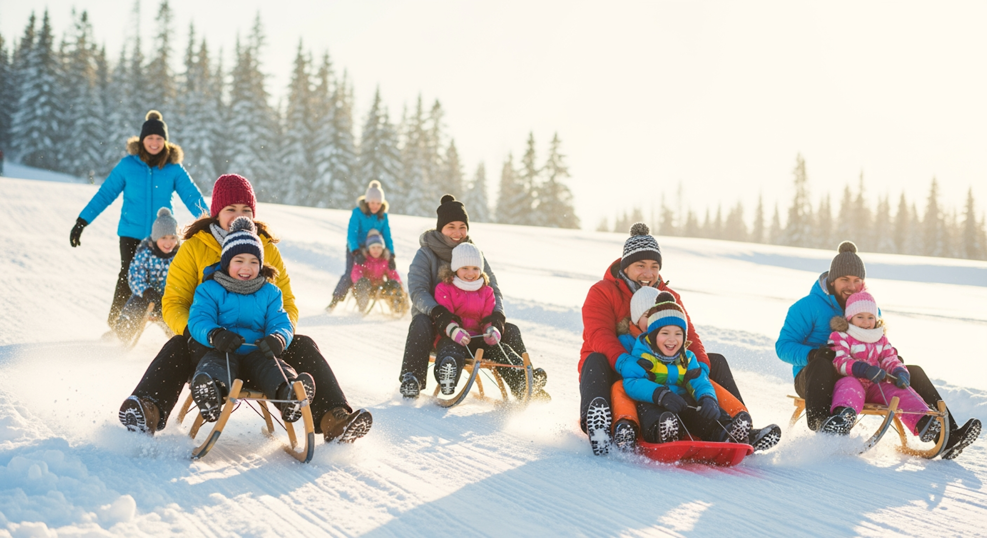 Eine Auswahl verschiedener Schlittenmodelle für den Winter 2026 und erfreute Familien mit Kindern, die mit Schlitten auf einer winterlichen Rodelpiste fahren.
