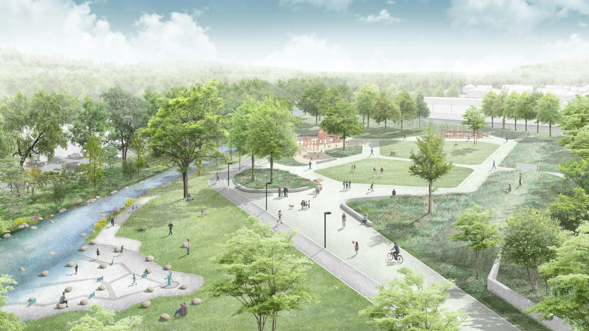 Das Bild zeigt eine Visualisierung des Parks aus der Vogelperspektive.