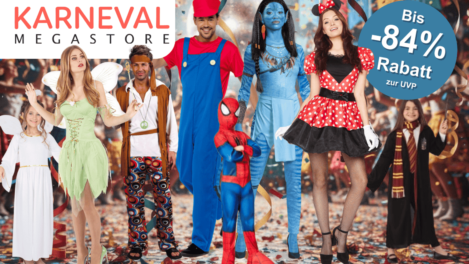 Eine Auswahl an Karnevalskostüme wie Avatar, Super Mario, Minnie Mouse, Tinker Bell, Hippie, Spider Man, Harry Potter und Engel vor einem Party Hintergrund.