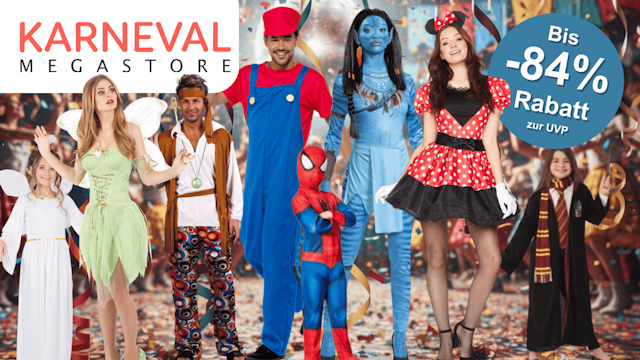 Eine Auswahl an Karnevalskostüme wie Avatar, Super Mario, Minnie Mouse, Tinker Bell, Hippie, Spider Man, Harry Potter und Engel vor einem Party Hintergrund.