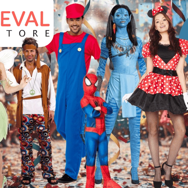 Eine Auswahl an Karnevalskostüme wie Avatar, Super Mario, Minnie Mouse, Tinker Bell, Hippie, Spider Man, Harry Potter und Engel vor einem Party Hintergrund.