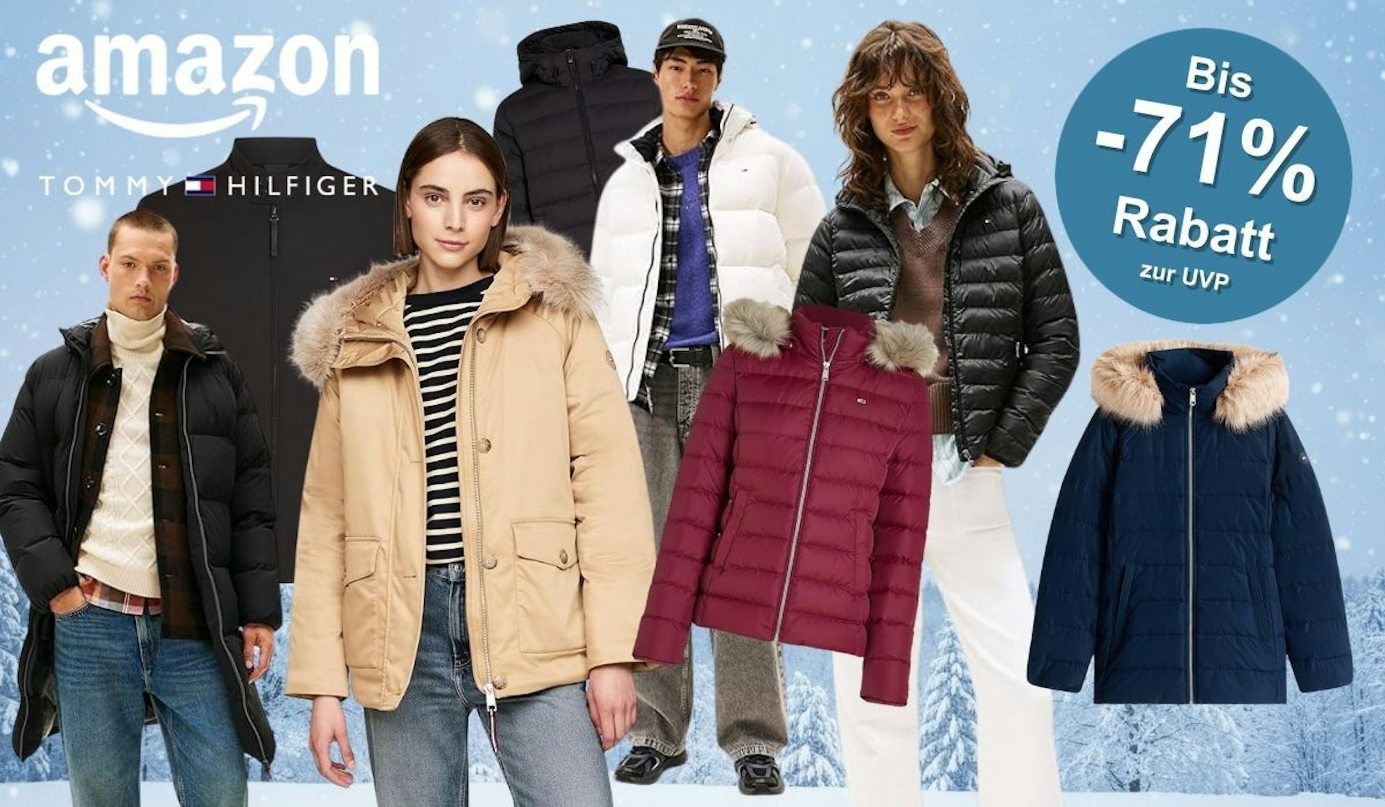 Verschiedene Models tragen Winterjacken für Damen und Herren von Tommy Hilfiger vor einer Schneelandschaft und Winterwald.