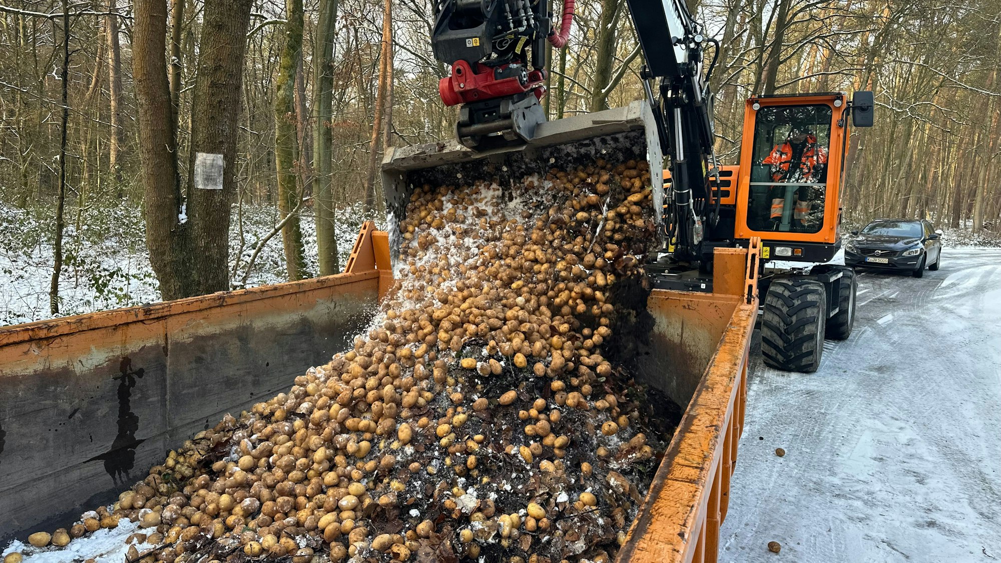Illegal abgekippte Kartoffeln am Mauspfad in Troisdorf werden von der Stadt abgeholt und zur Mülldeponie nach Sankt Augustin-Niederpleis gebracht.