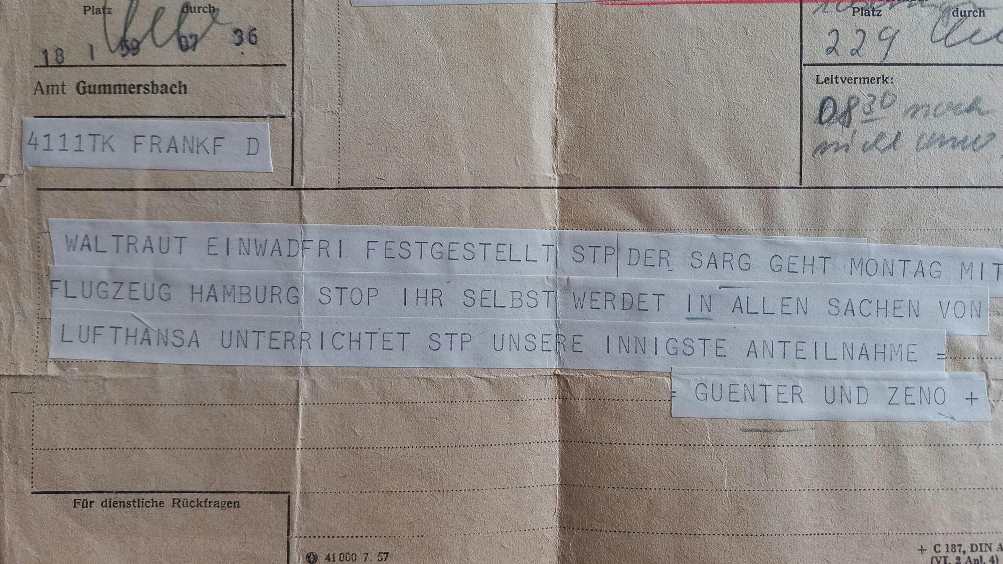 Blick auf ein Telegramm aus dem Jahr 1959.