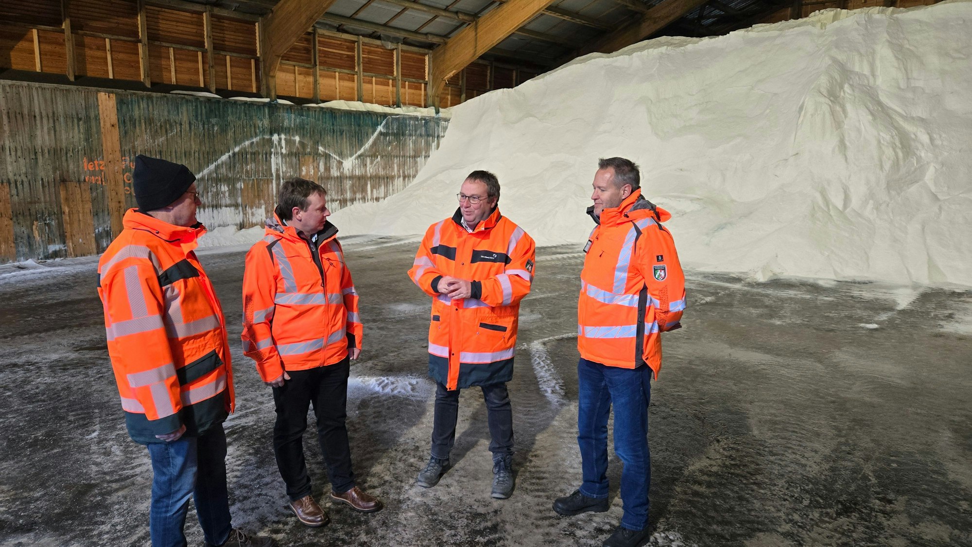 Vier Herren vor einem großen Salzberg.