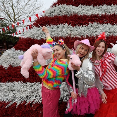 Das Foto zeigt bunt kostümierte Jecke vor der Karnevalspyramide.