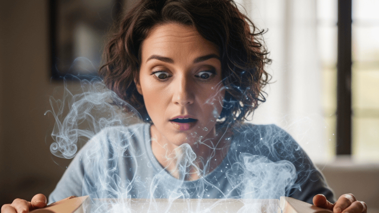 Eine Frau die einen Schuhkarton öffnet aus dem Nebel kommt.