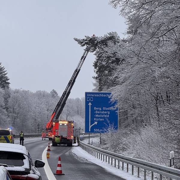 Vollsperrung: Weil ein Baum am Samstagmorgen (10.1.) auf die A4 bei Bensberg zu stürzen drohte, wurde die Autobahn in Richtung Olpe voll gesperrt.