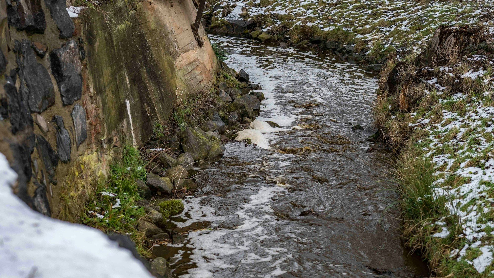 Das Bild zeigt einen Teil des Veybachs in Breitenbenden. Auf der Wasseroberfläche treibt Schaum.