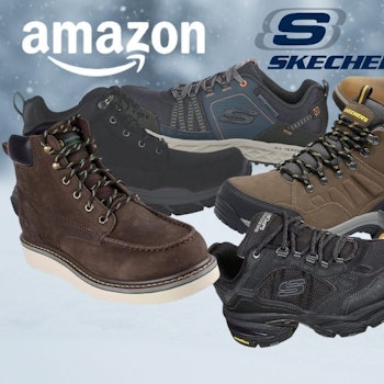 Verschiedene Skechers Herren Winterschuhe, Winterstiefel und Sneaker Modelle aus unterschiedlichen Produktreihen vor einem eisig verschneiten Hintergrund, mit Unschärfe aufgenommen.