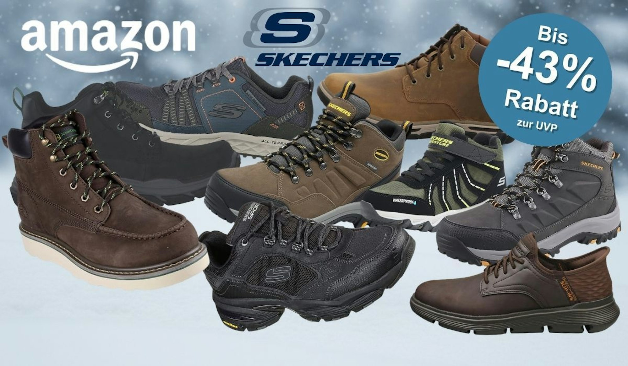 Verschiedene Skechers Herren Winterschuhe, Winterstiefel und Sneaker Modelle aus unterschiedlichen Produktreihen vor einem eisig verschneiten Hintergrund, mit Unschärfe aufgenommen.