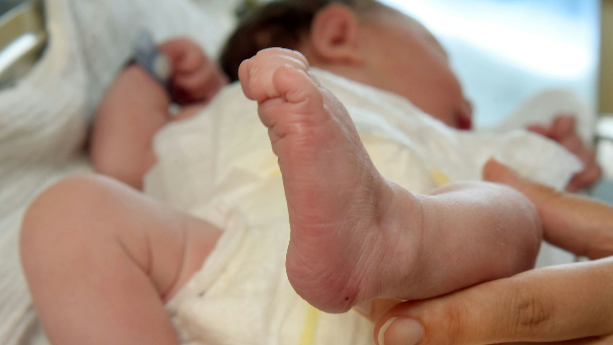 In einer Geburtsklinik an einem Krankenhaus hält eine Hebamme die Füßchen eines erst wenige Stunden alten Neugeborenes in ihren Händen. (Symbolbild)