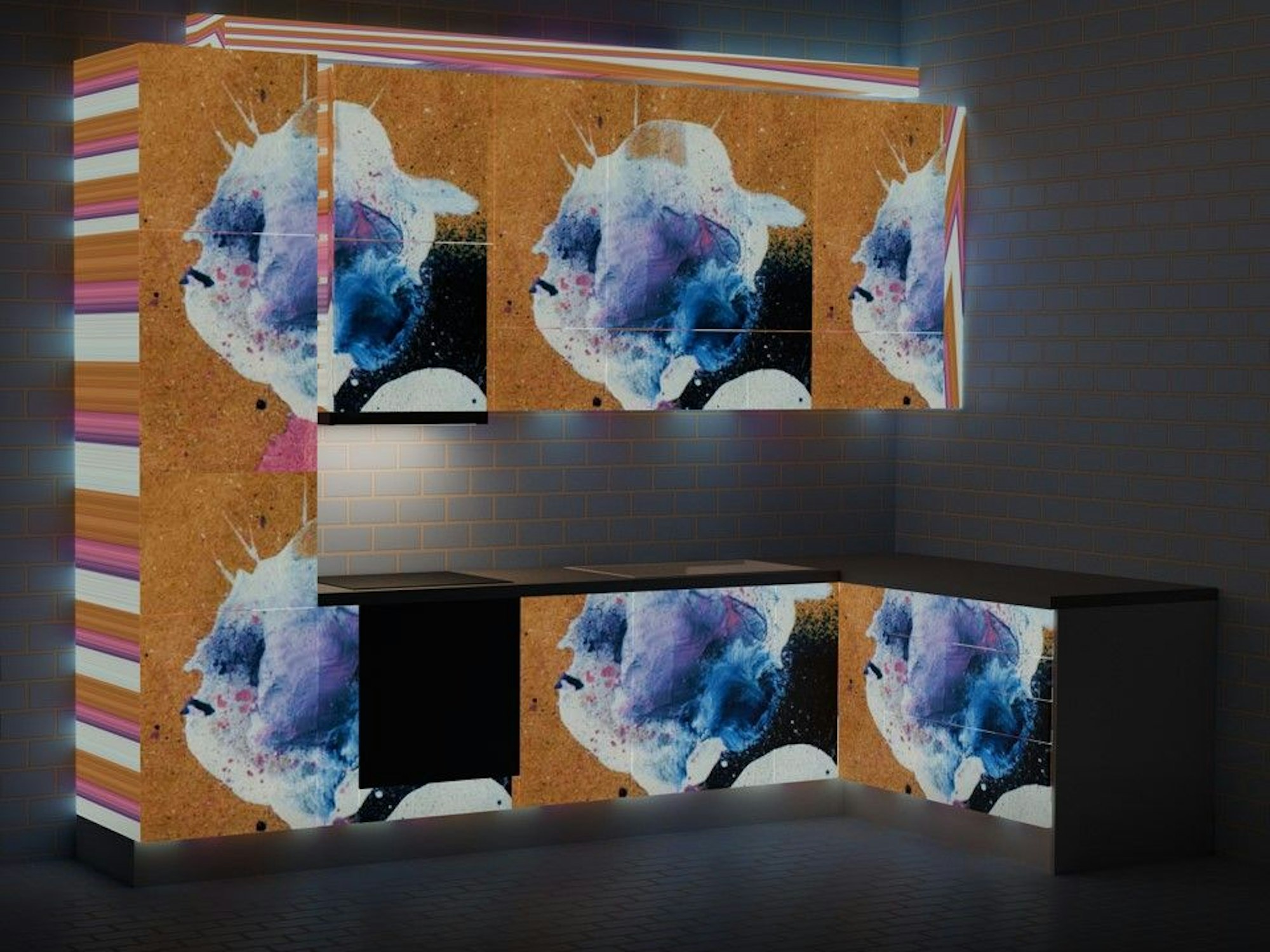 Videoprojektion auf eine funktionale Küche. Kunstnavigation zeigt mit Odo Rumpf zusammen Videokunst in der Neuen Maastrichter Straße 12-14