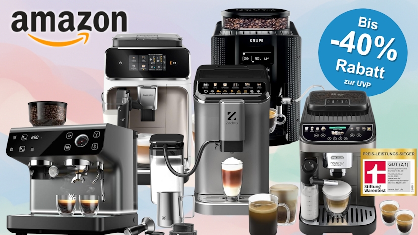 Kaffeevollautomaten bekannter Marken vor einem bunten Hintergrund.