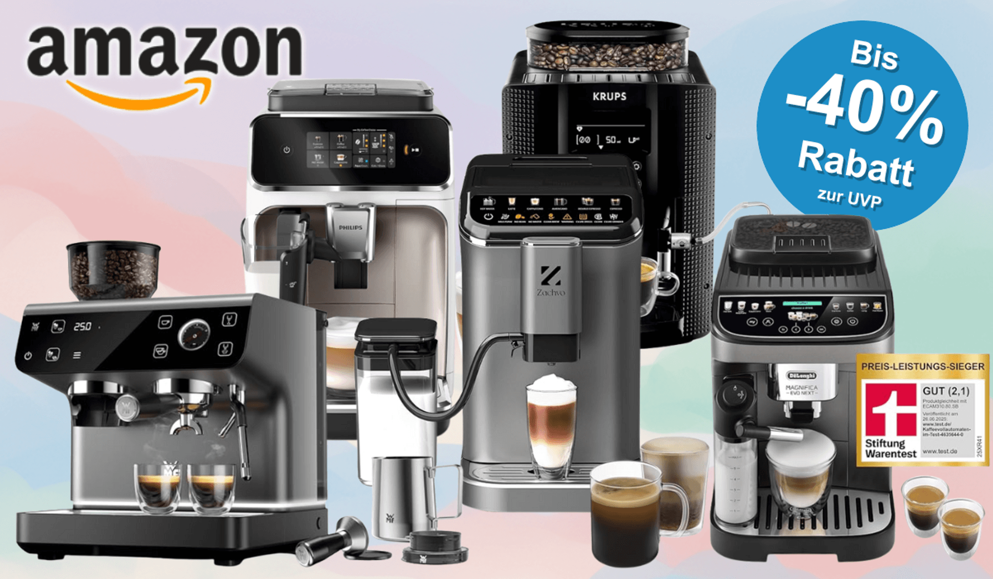 Kaffeevollautomaten bekannter Marken vor einem bunten Hintergrund.