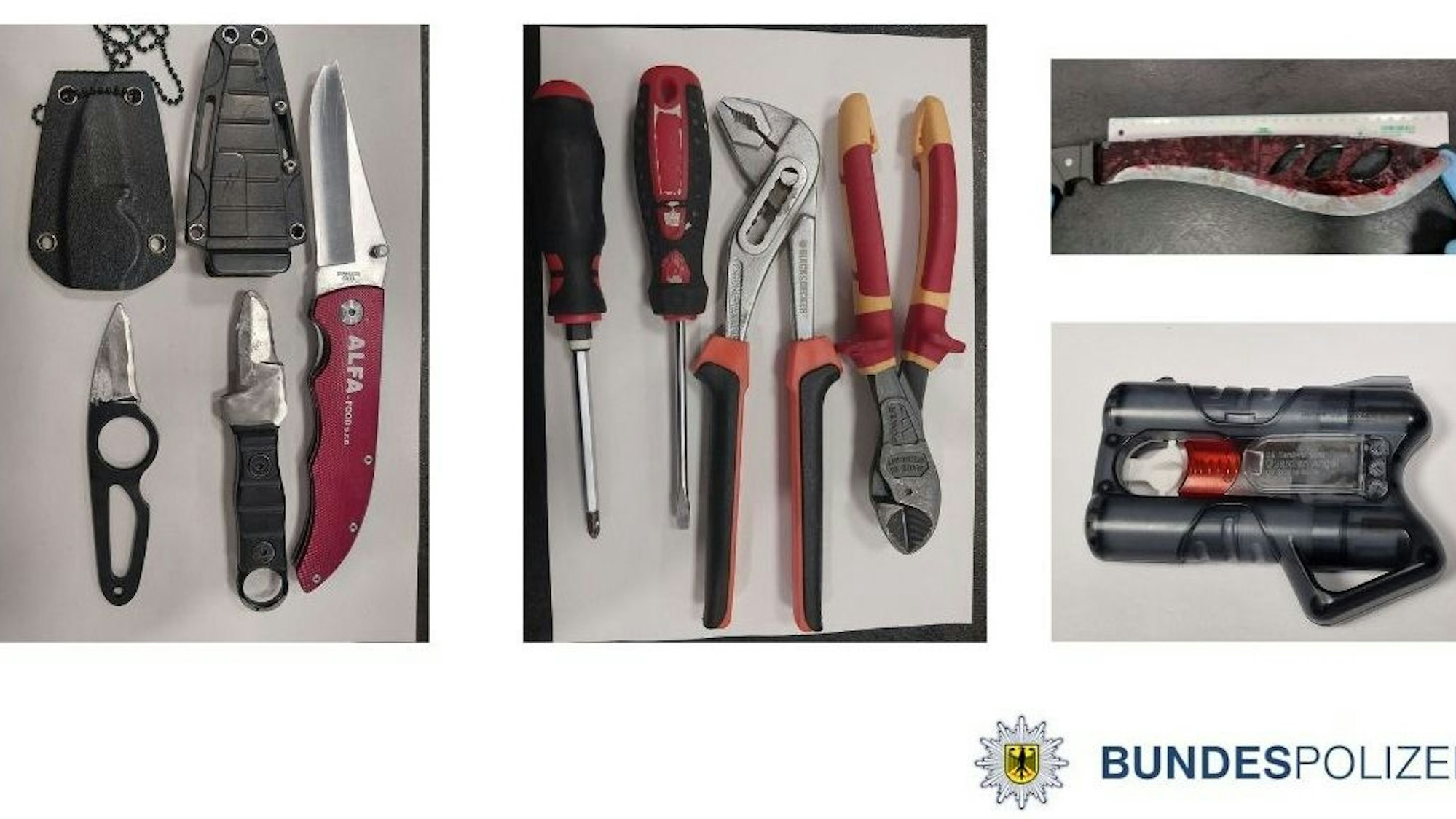 Sichergestellte Waffen und gefährliche Gegenstände bei Polizeieinsatz.